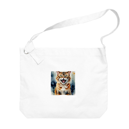 怒った猫の表情が鮮やかに描かれた水彩画 Big Shoulder Bag
