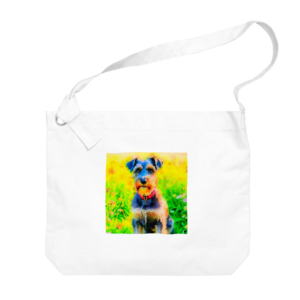 犬好きのしましまの水彩画の犬 花畑のシュナウザーのイラスト ビッグショルダーバッグ