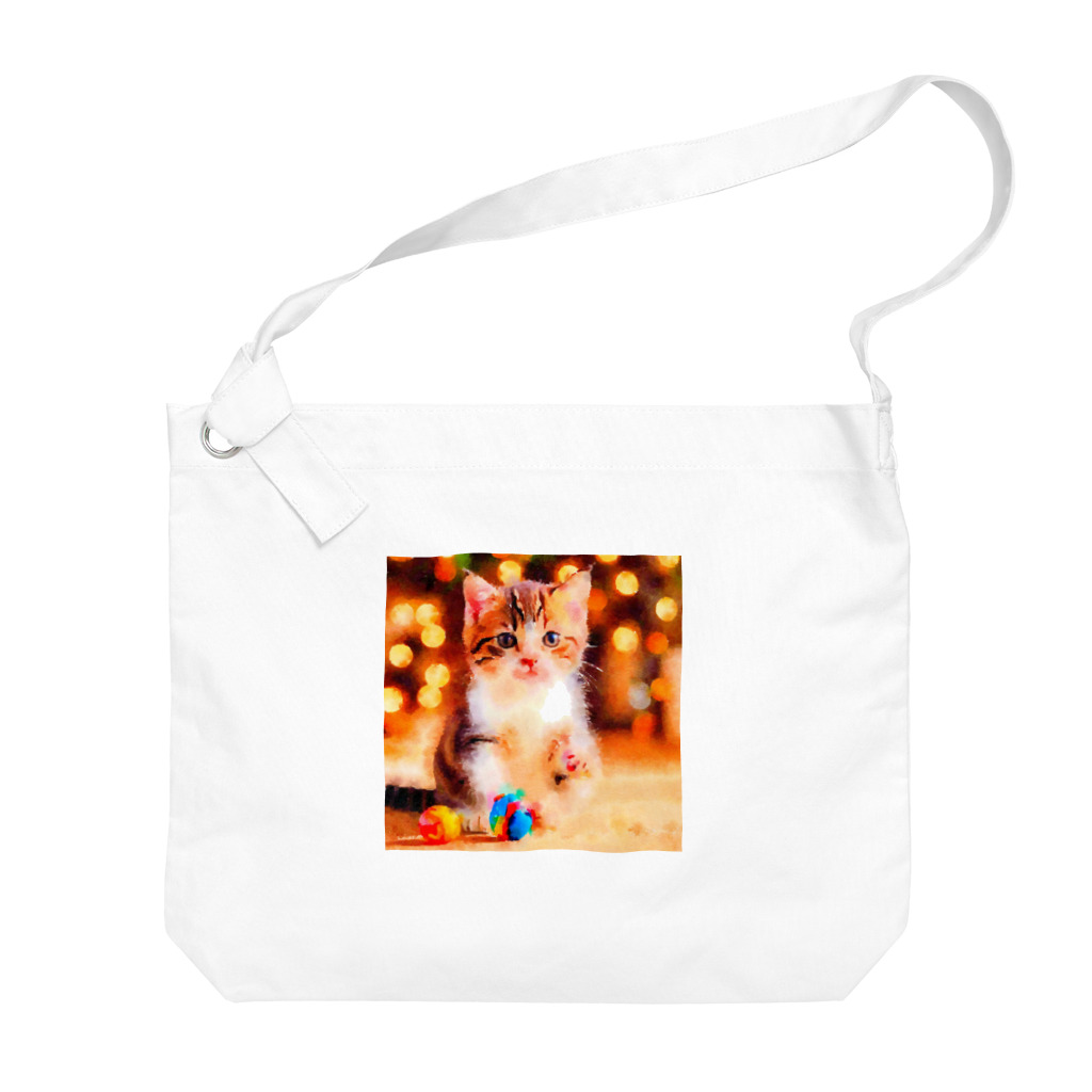 猫好きの谷の猫の水彩画/キジシロねこのイラスト/おもちゃで遊ぶキジ白ネコ Big Shoulder Bag