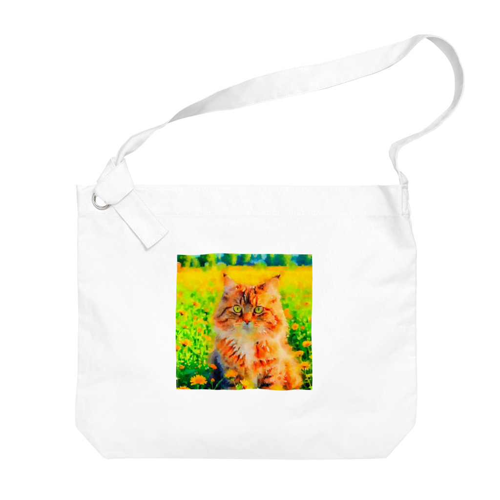 猫好きの谷の猫の水彩画/花畑のサイベリアンねこのイラスト/キジトラネコ Big Shoulder Bag