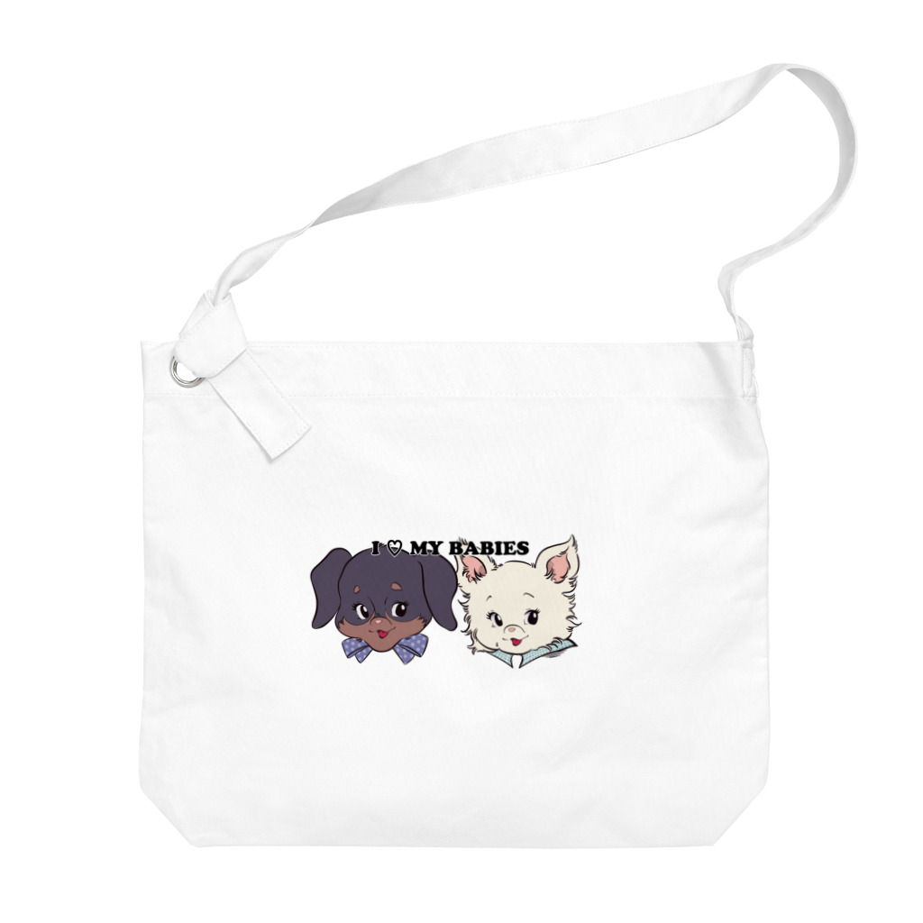 チャリティーグッズ-犬専門デザインのダックスフンド×チワワ-ブラックタン&ホワイト・クリーム「I♡ MY BABIES」 Big Shoulder Bag