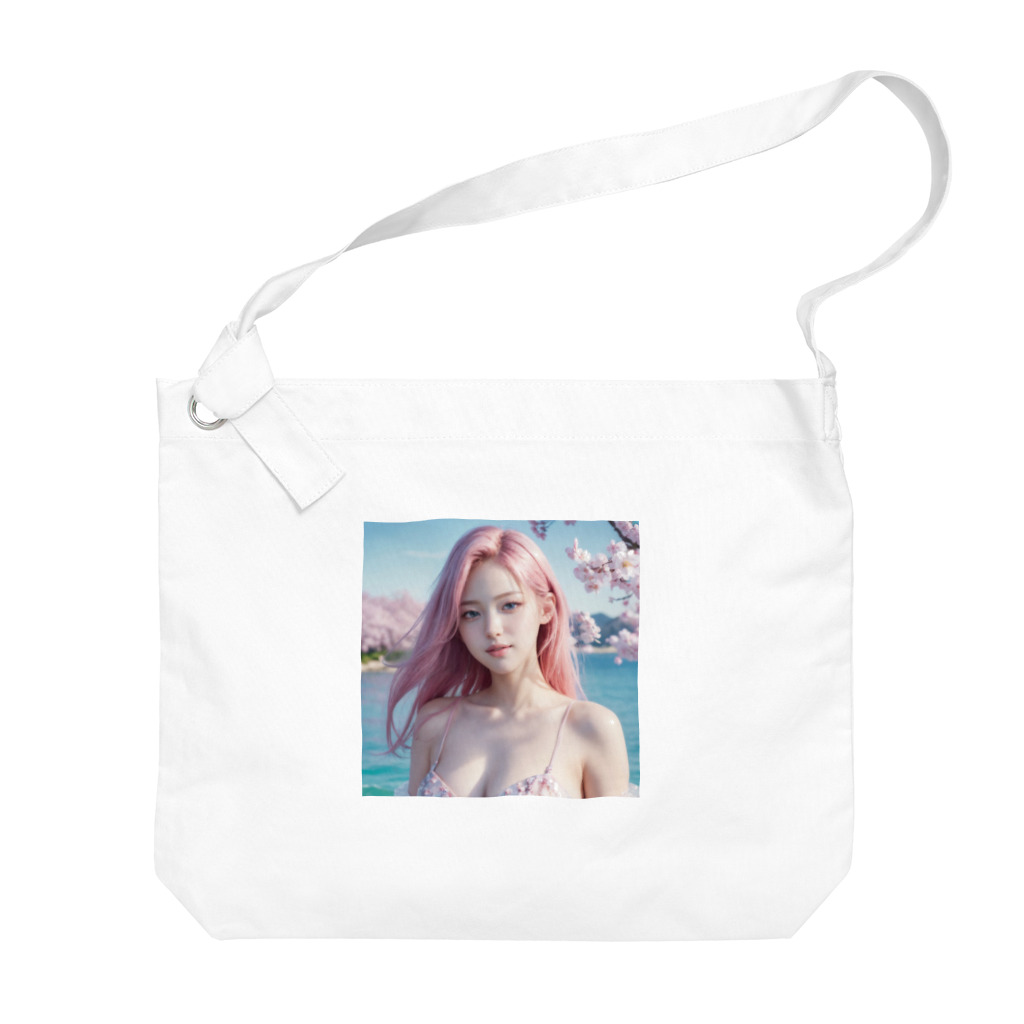 AI goddessの桜と川と青空と、ピンクの髪の女の子 Big Shoulder Bag