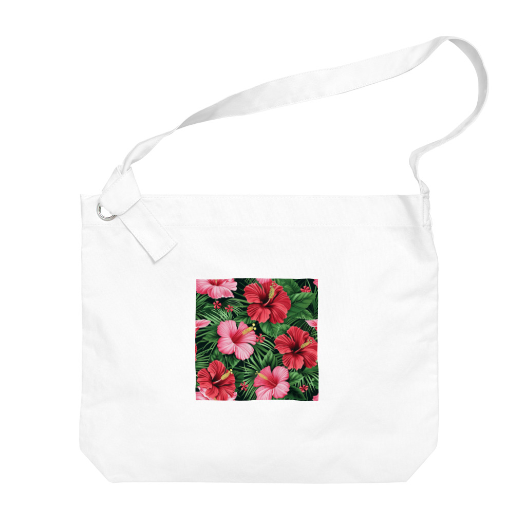 オンラインショップイエローリーフの赤色の花ハイビスカス Big Shoulder Bag
