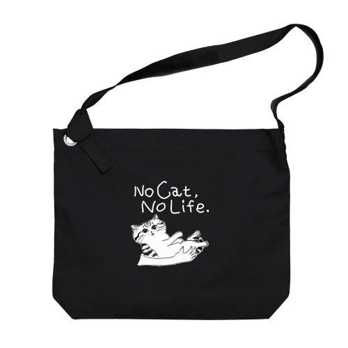 No Cat, No Life. 抱っこ猫 濃い色限定 白ロゴ ビッグショルダーバッグ