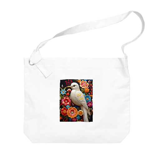 白い鳥さんとお花の刺繍 ビッグショルダーバッグ