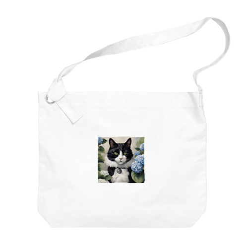ハチワレ猫白黒と紫陽花 Big Shoulder Bag