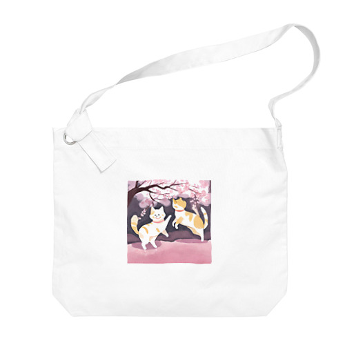 桜で遊ぶ犬と猫 Big Shoulder Bag