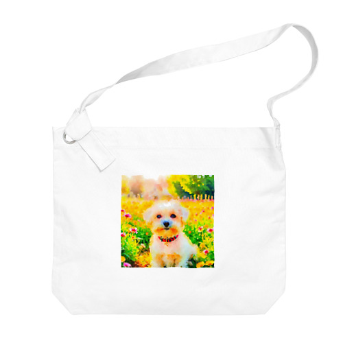 水彩画の犬 花畑のマルチーズのイラスト Big Shoulder Bag