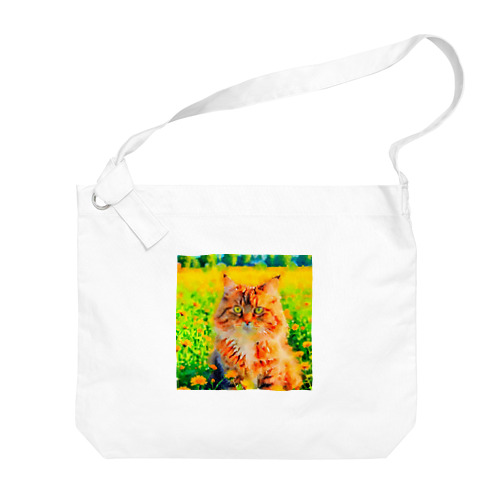 猫の水彩画/花畑のサイベリアンねこのイラスト/キジトラネコ ビッグショルダーバッグ