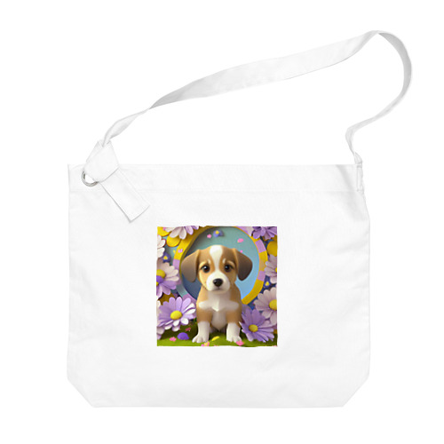 陽気な子犬と春の花々 Big Shoulder Bag