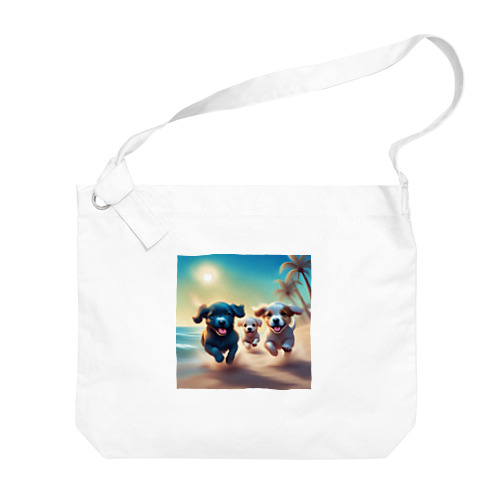 砂浜で遊ぶ子犬たち Big Shoulder Bag
