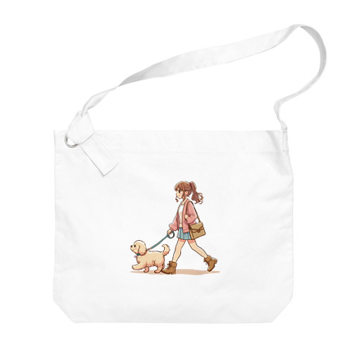 かわいい犬と散歩をする女性 Big Shoulder Bag