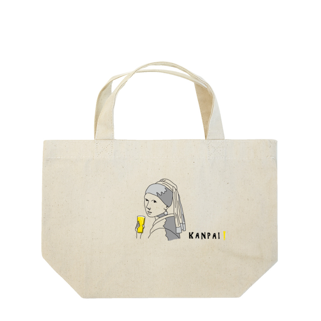 ビールとアート TM-3 Designの名画 × BEER（真珠の耳飾りの少女）黒線画 Lunch Tote Bag