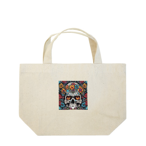 色鮮やかな花々と入り組んだ頭蓋骨のタトゥーデザイン Lunch Tote Bag
