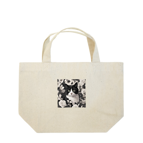 ハチワレ白黒猫とジャスミン ランチトートバッグ