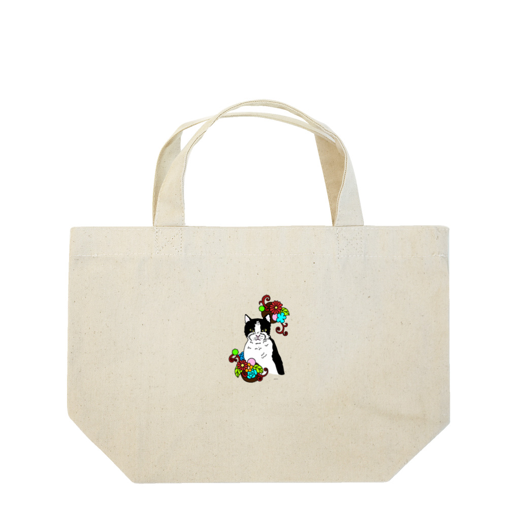 greetenのハチワレ猫　ホワイト　カラフルフラワー Lunch Tote Bag