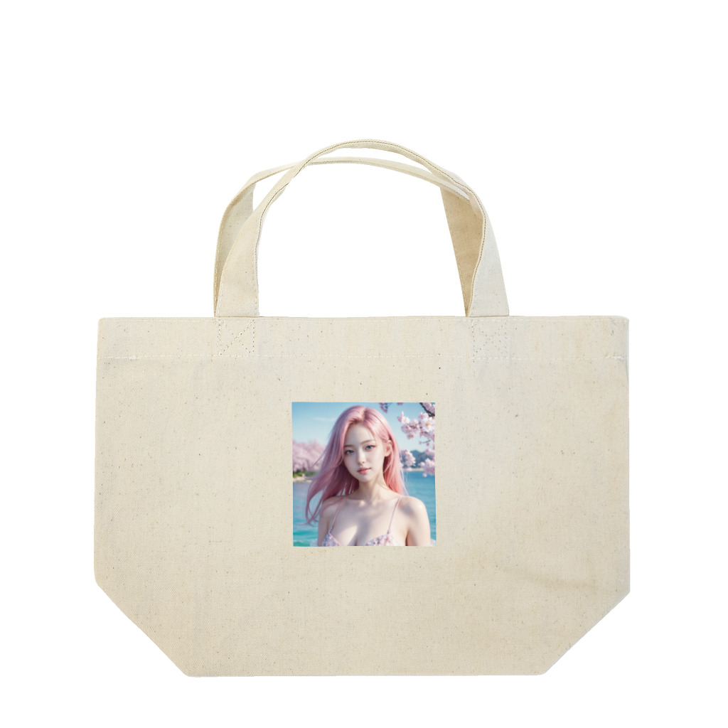 AI goddessの桜と川と青空と、ピンクの髪の女の子 Lunch Tote Bag