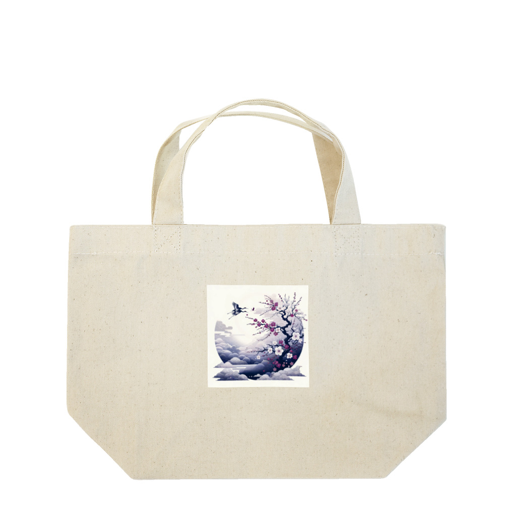 raio-nの白背景の和風夜景 - 月と梅と鶴 Lunch Tote Bag