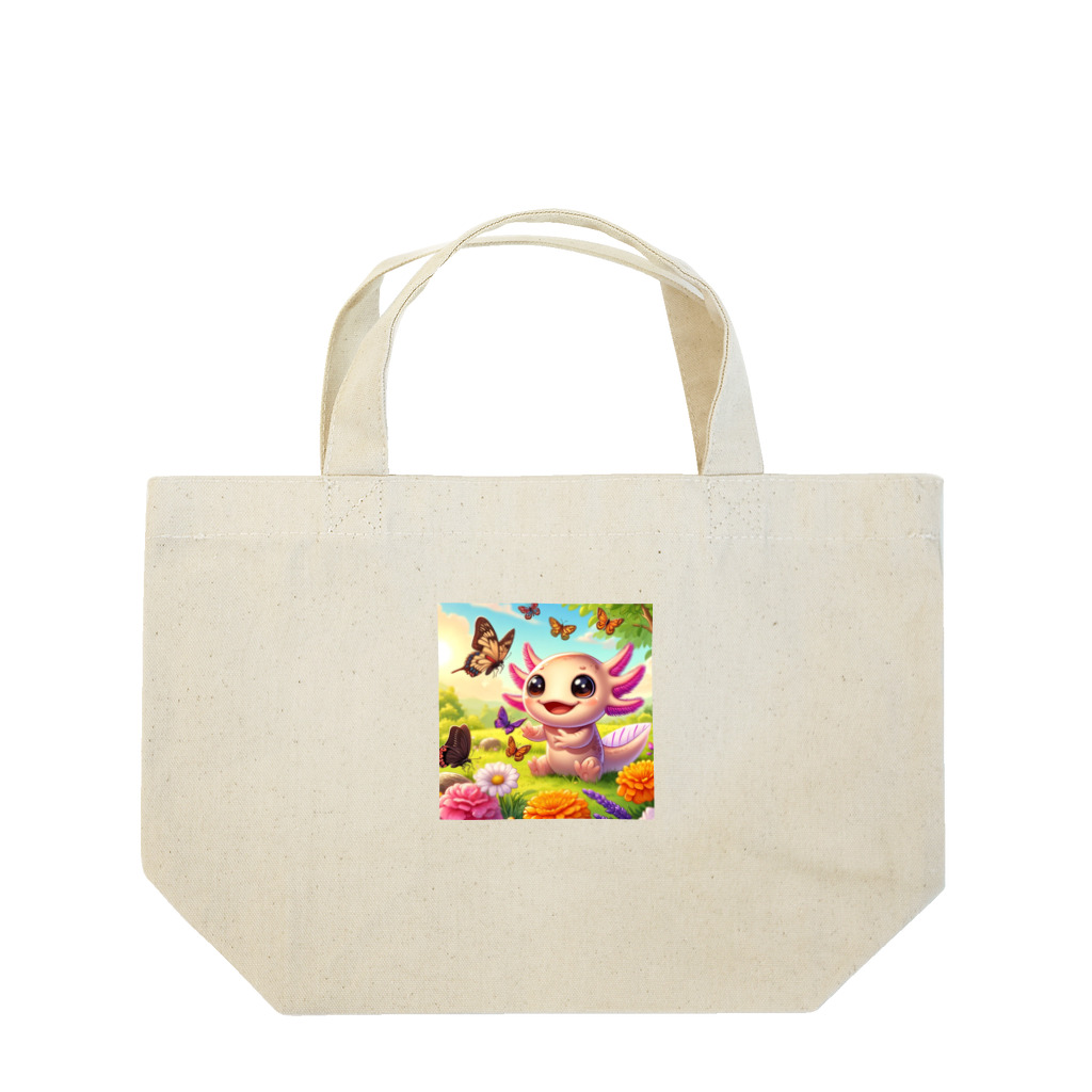 adjustの蝶々と一緒に遊んでいるかわいいウーパールーパー Lunch Tote Bag