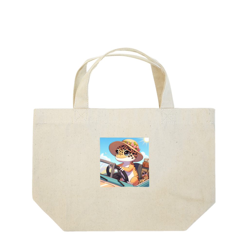 いつでもどこでもヒョウモントカゲモドキくんのドライブするヒョウモントカゲモドキA Lunch Tote Bag