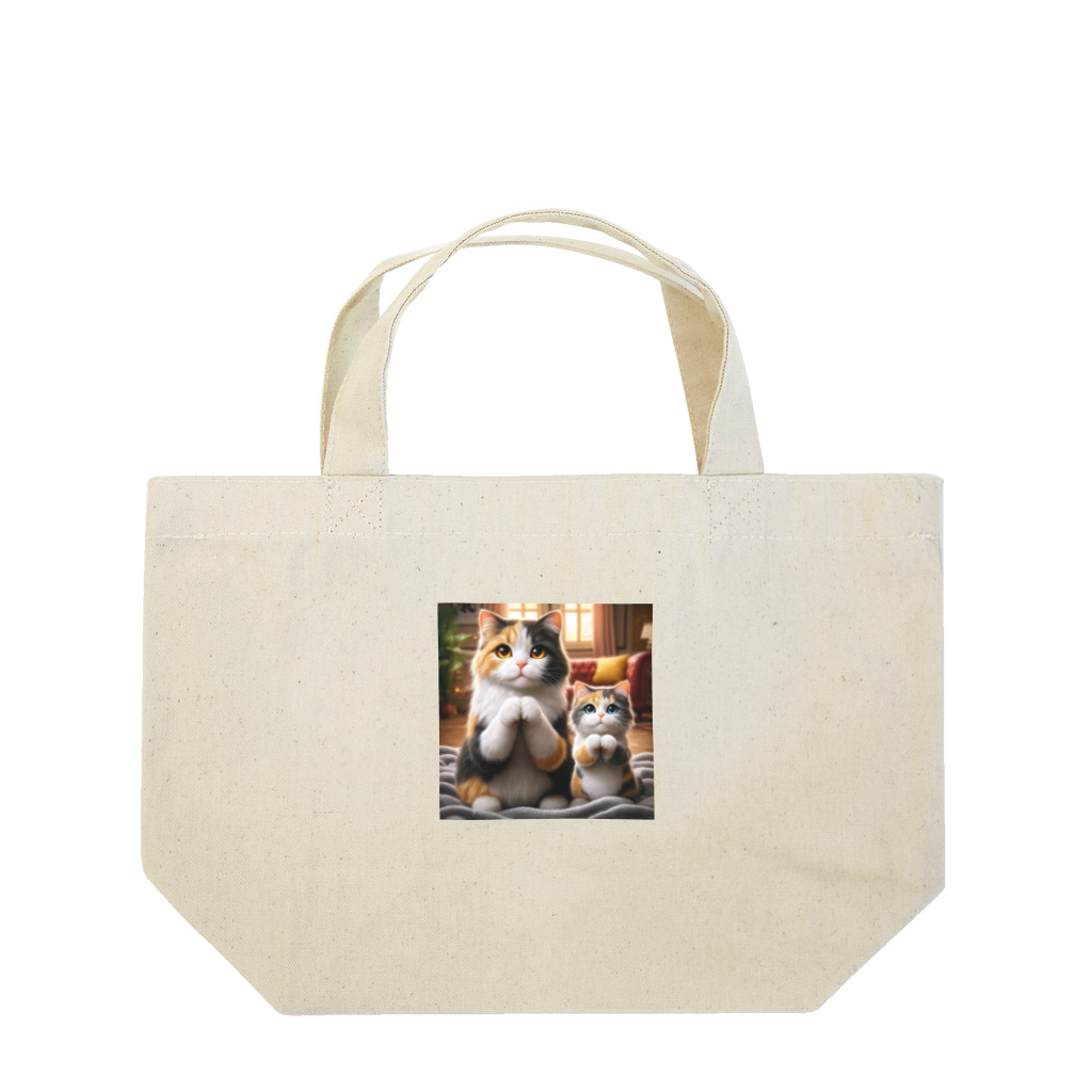 亀蘭タマムシの三毛猫親子のお願い Lunch Tote Bag