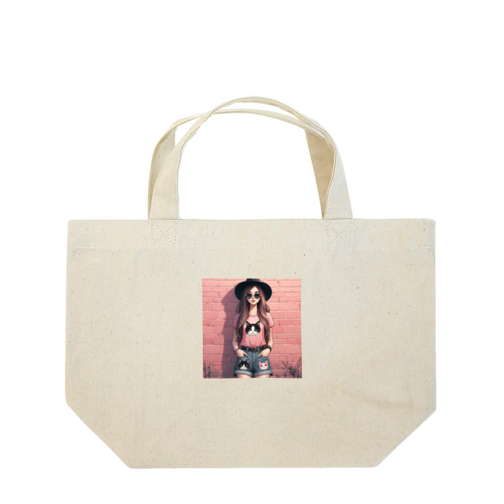 SaltyCookie Design Worksの猫好きの女の子のファッション(1) Lunch Tote Bag