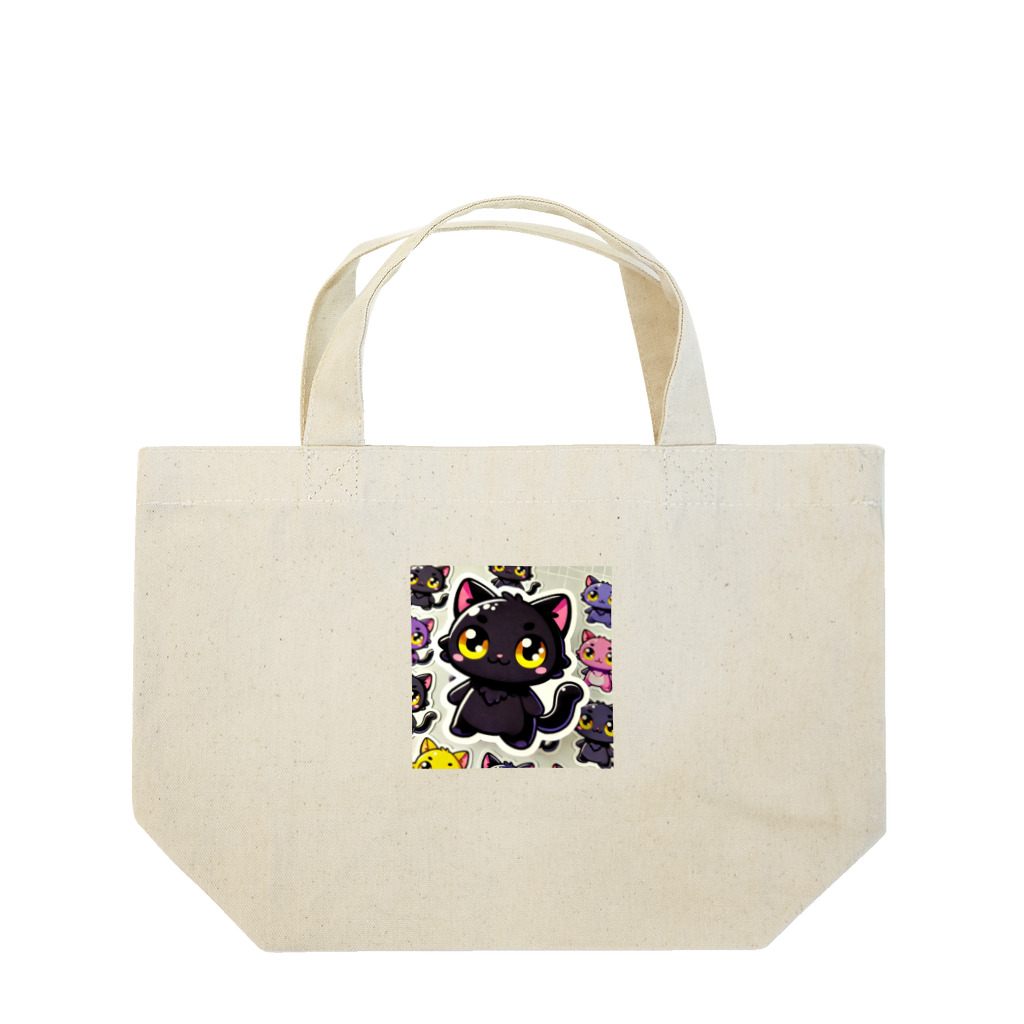 hiiro_catの魅惑の黒猫が、カラフルな背景と調和してかわいさを放つシーン Lunch Tote Bag