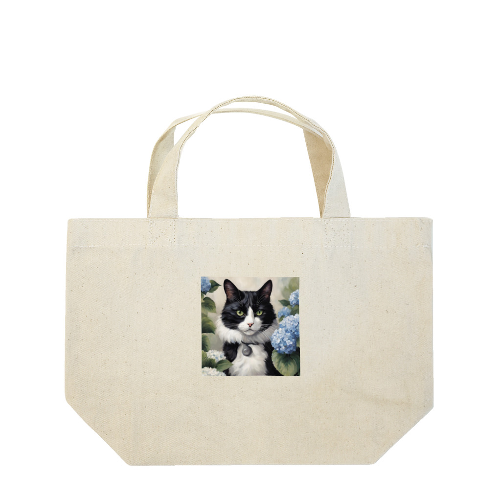 capcat1919のハチワレ猫白黒と紫陽花 Lunch Tote Bag