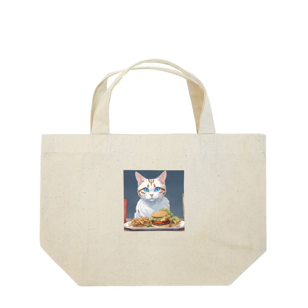 yoiyononakaのファストフードと虎縞白猫01 Lunch Tote Bag