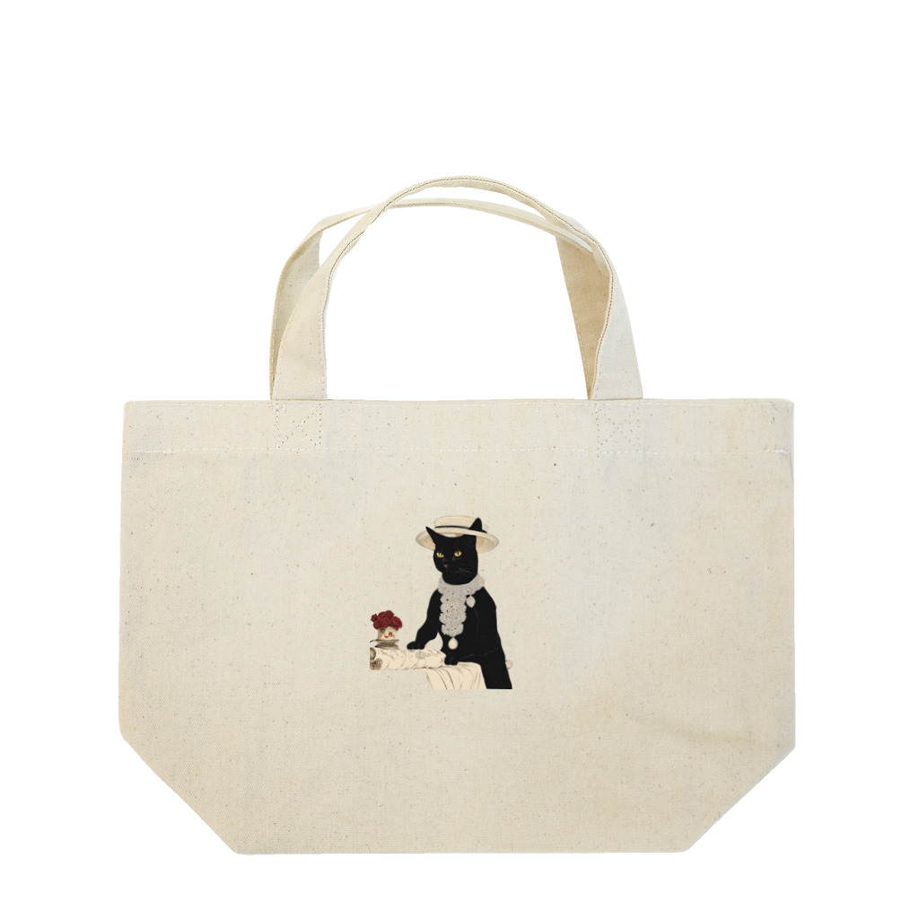 merch_by_kの黒猫のマダムの生地屋でお買い物 Lunch Tote Bag