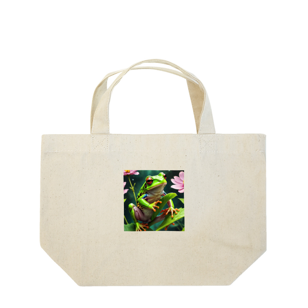 Sunbathingのコスモスの葉をよじ登るアマガエル Lunch Tote Bag