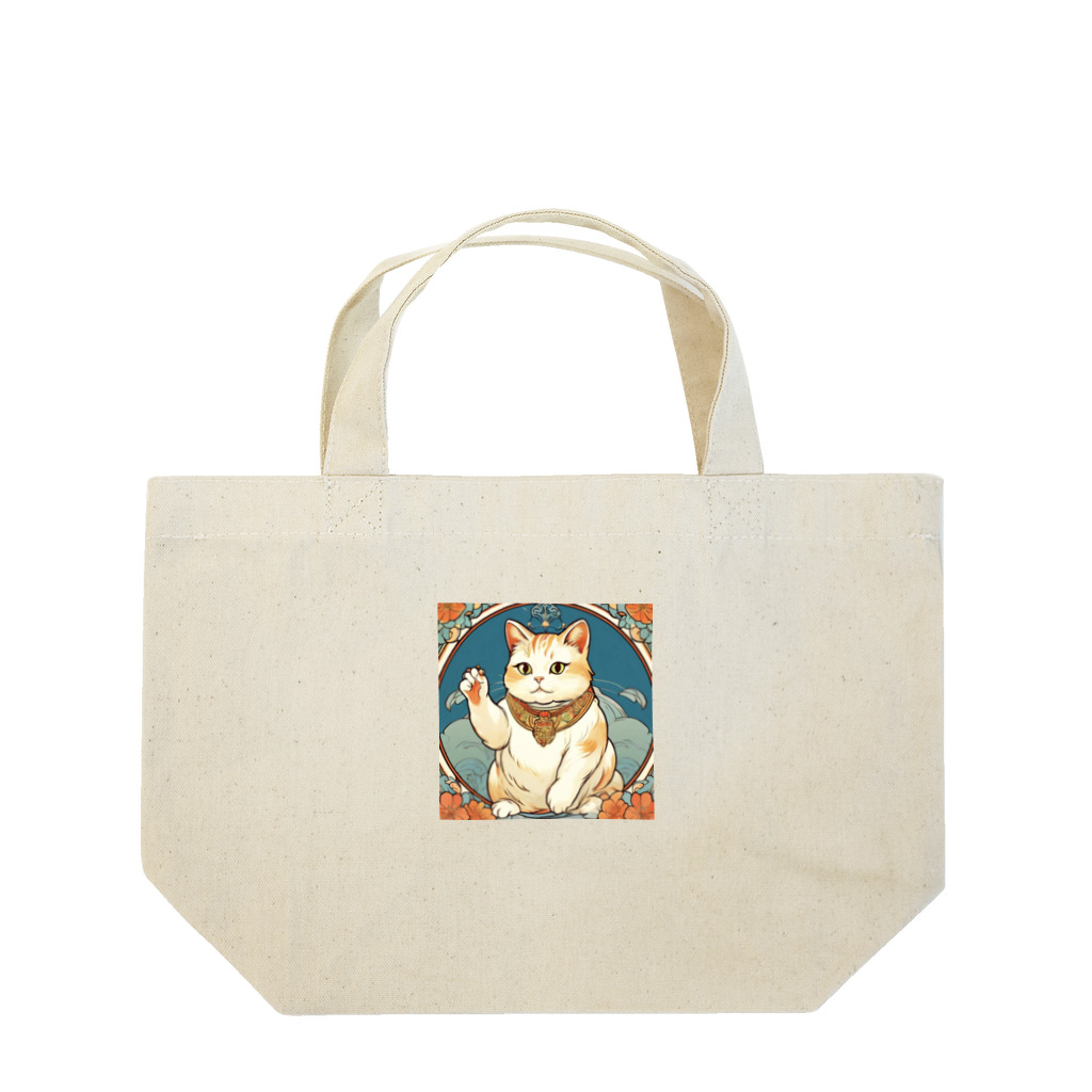 ゆまちゃんの開運雑貨屋さんの夜のミュシャ風招き猫 Lunch Tote Bag