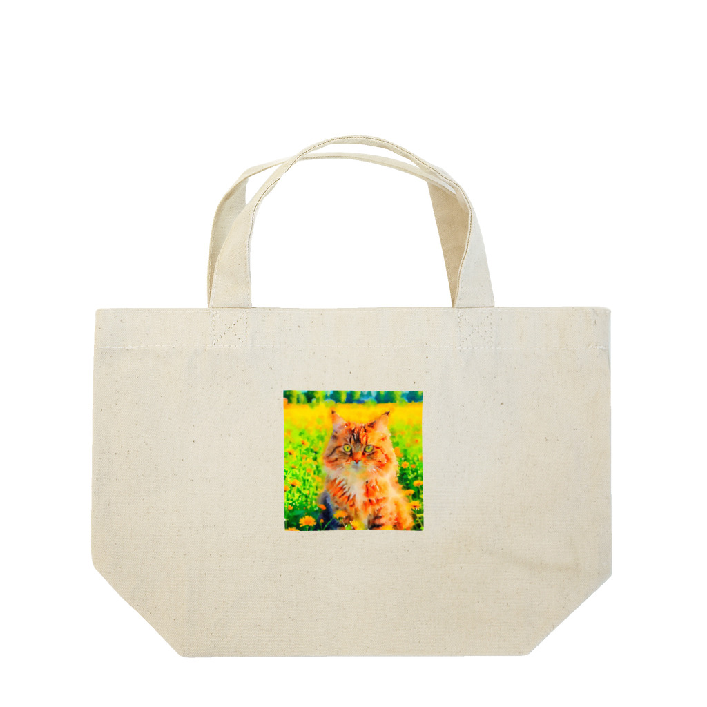 猫好きの谷の猫の水彩画/花畑のサイベリアンねこのイラスト/キジトラネコ ランチトートバッグ