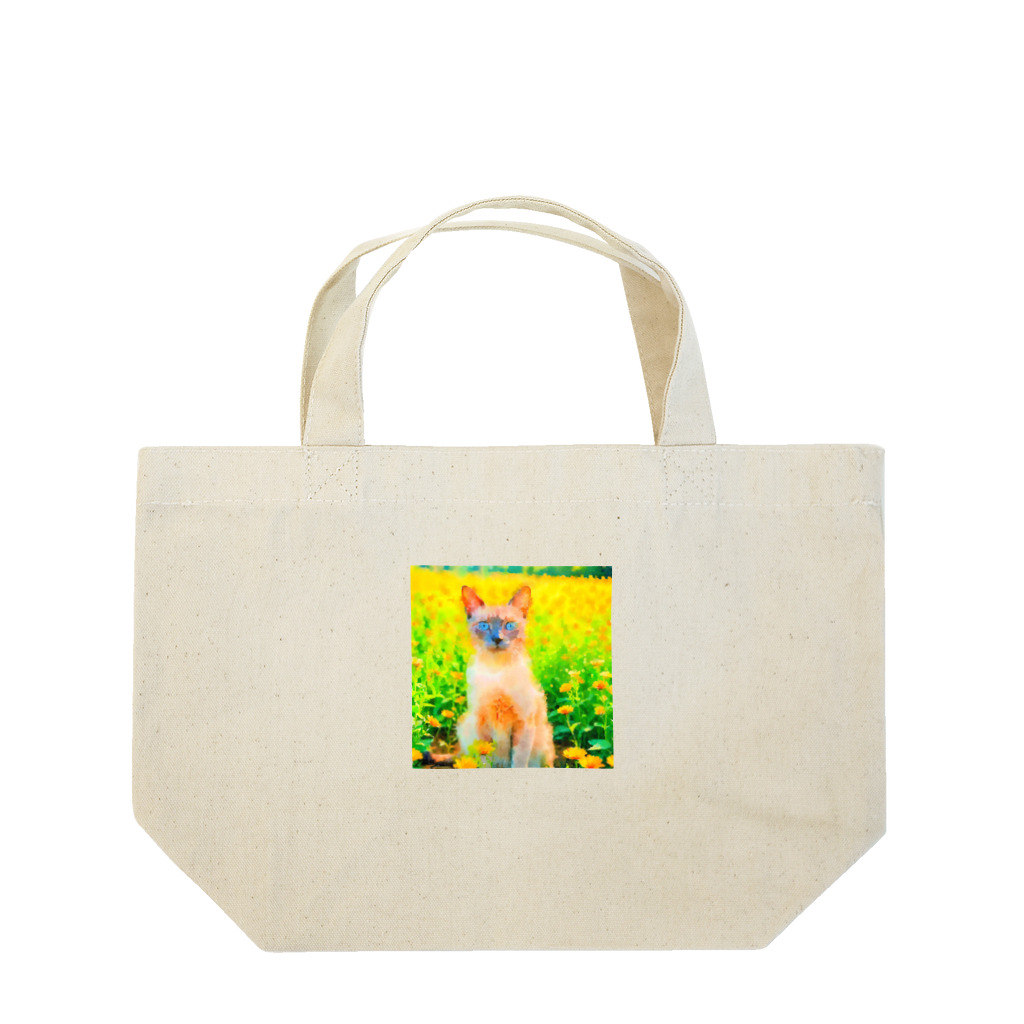 猫好きの谷の猫の水彩画/花畑のトンキニーズねこのイラスト/ポイントネコ Lunch Tote Bag