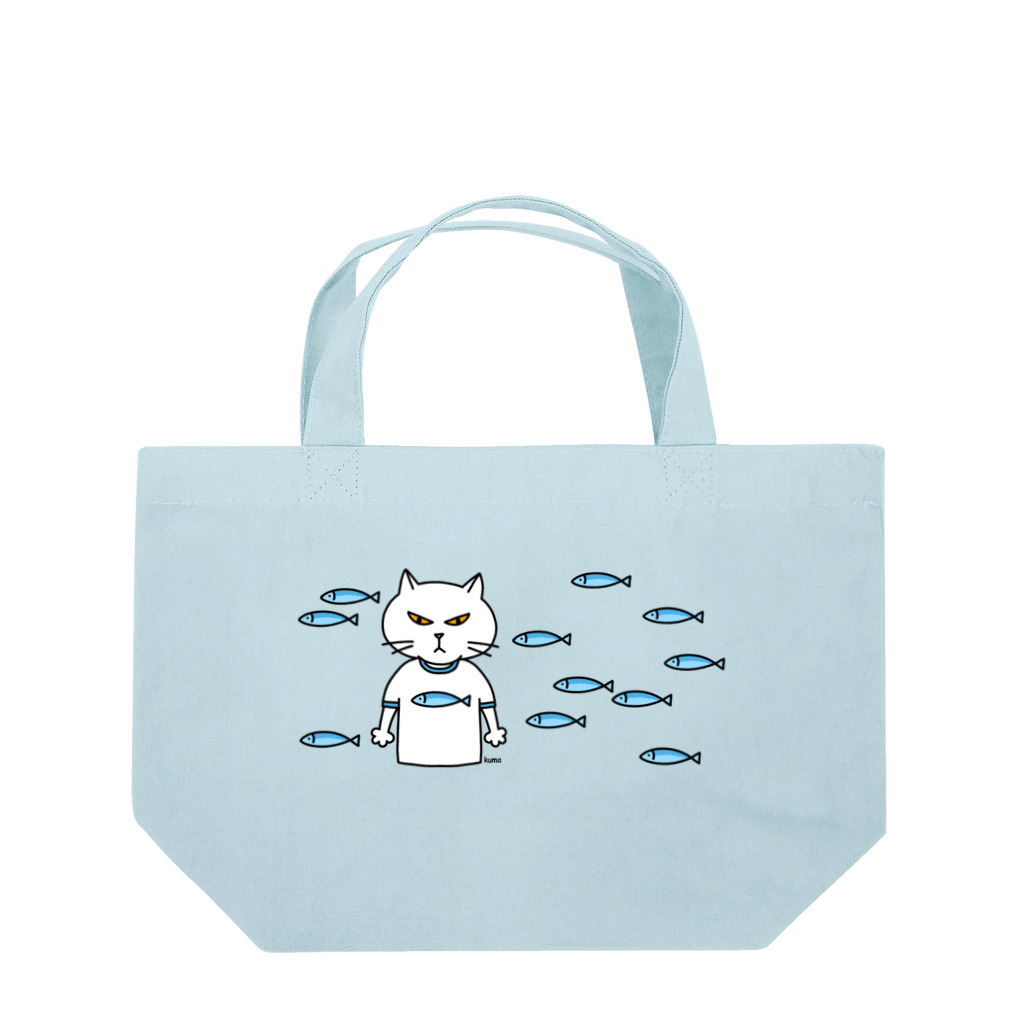 mkumakumaの魚柄のTシャツを着た猫の柄ー３ ランチトートバッグ
