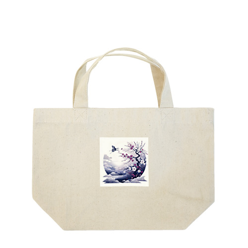 白背景の和風夜景 - 月と梅と鶴 Lunch Tote Bag