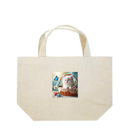 「青い蝶々を見つめる白猫」 Lunch Tote Bag