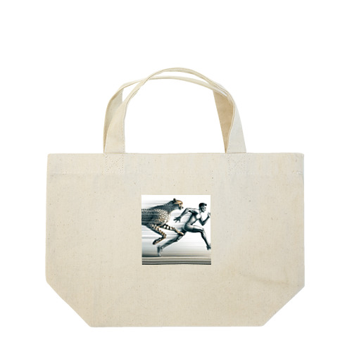 Speed Symbiosis: Man and Cheetah in Stride Lunch Tote Bag