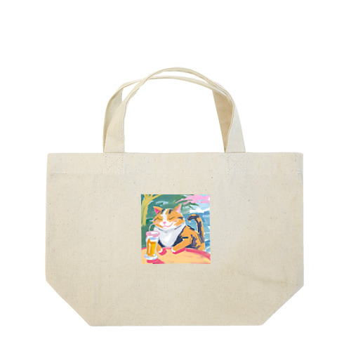 ビールを飲んで幸せそうなネコさん Lunch Tote Bag