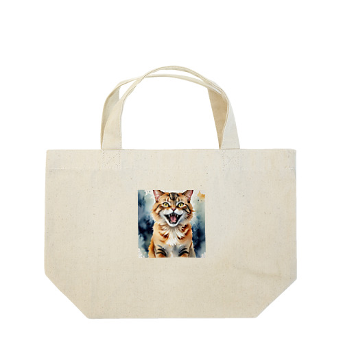 怒った猫の表情が鮮やかに描かれた水彩画 ランチトートバッグ