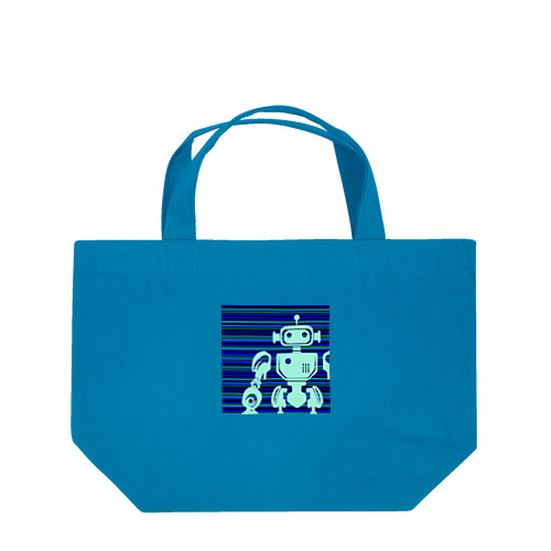 青いボーダー地と水色のレト口なロボットのシルエット Lunch Tote Bag
