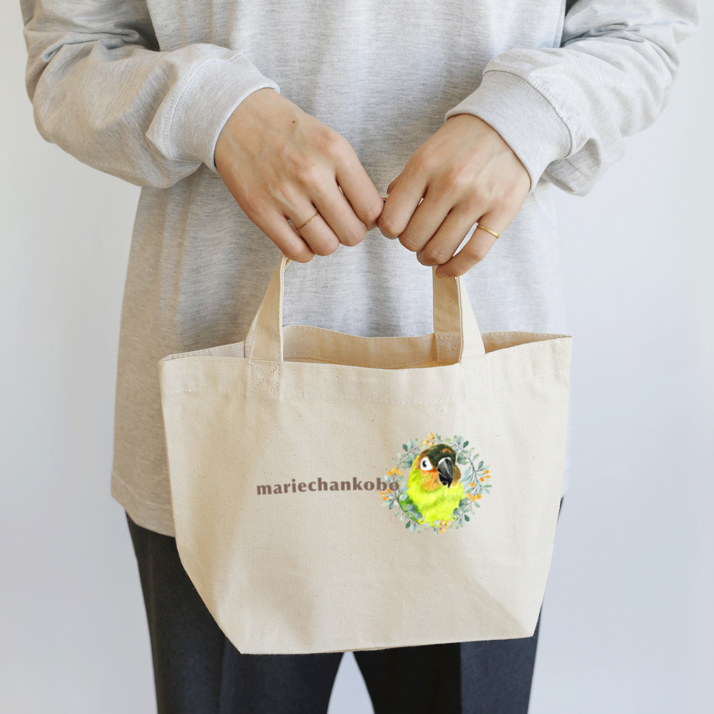 mariechan_koboの020 クロカミインコ(ハイブリッド) オレンジ小花のリース Lunch Tote Bag