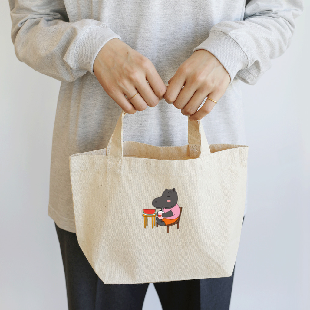 ネコモトタロウショップのスイカジュースを飲むカバ Lunch Tote Bag