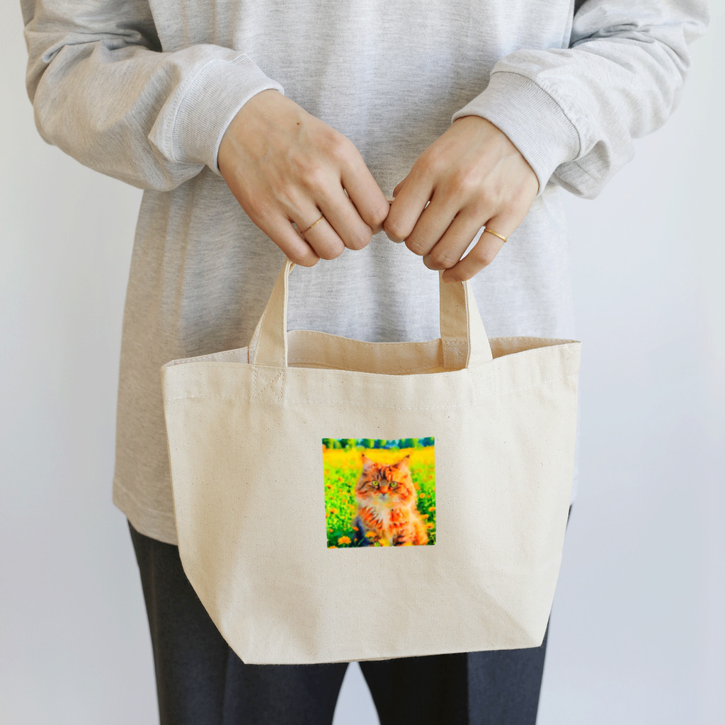 猫好きの谷の猫の水彩画/花畑のサイベリアンねこのイラスト/キジトラネコ Lunch Tote Bag