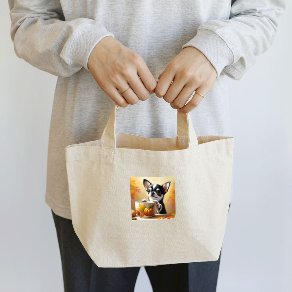 DeenaDeeのAutumn Curiosity: Chihuahua & Mug Magic 秋の好奇心: チワワとマグカップ Lunch Tote Bag