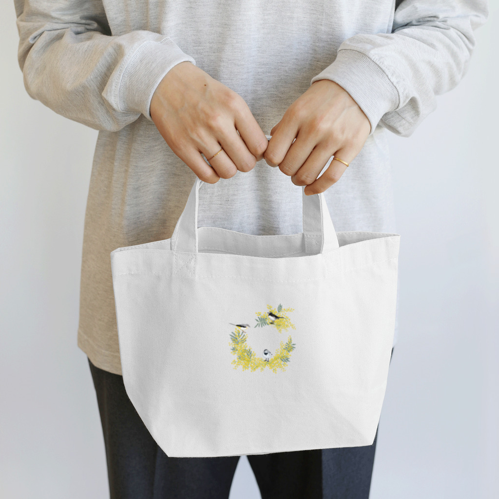 やちよ｜リアル鳥イラストの鶺鴒さんとミモザのリース（枝なし） Lunch Tote Bag