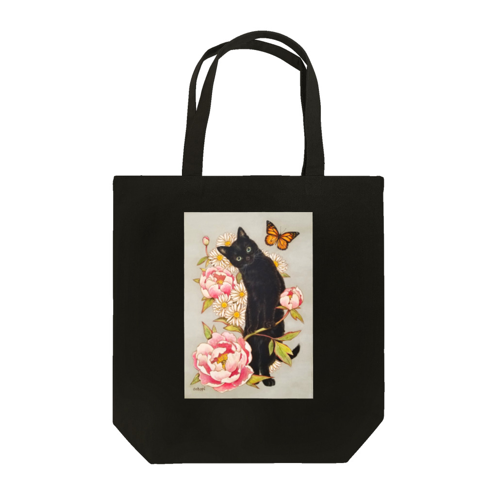 おちょぴのピンクの牡丹と黒猫 Tote Bag