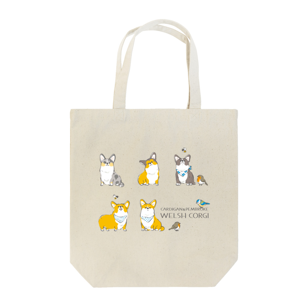 サカモトリエ/イラストレーターのコーギーとヨーロッパコマドリとアオガラと Tote Bag