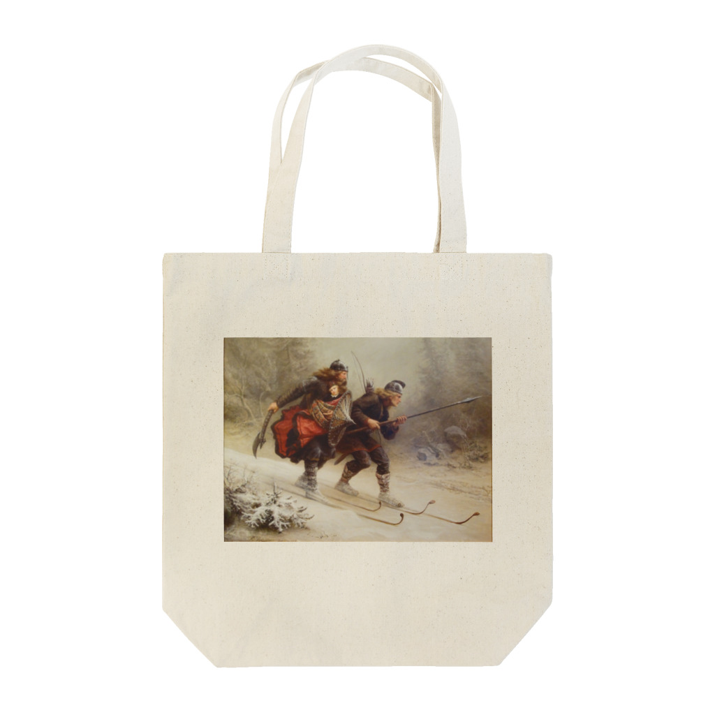 世界の絵画アートグッズのKnud Bergslien《Skiing Birchlegs 王子と山を渡る》 トートバッグ