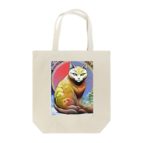 ねこあつめ 日本画風 可愛らしい猫たちのアートプリント トートバッグ